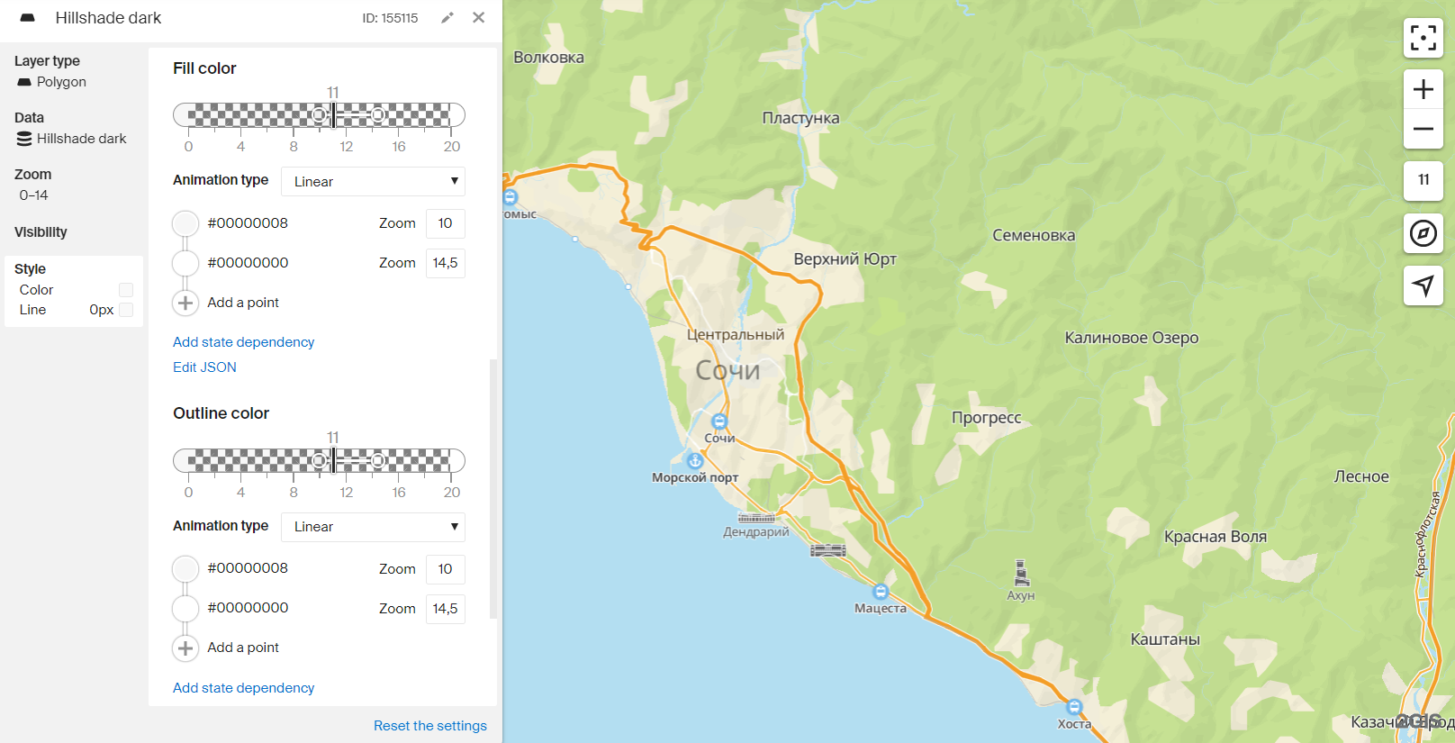 Example of dark hillshade settings