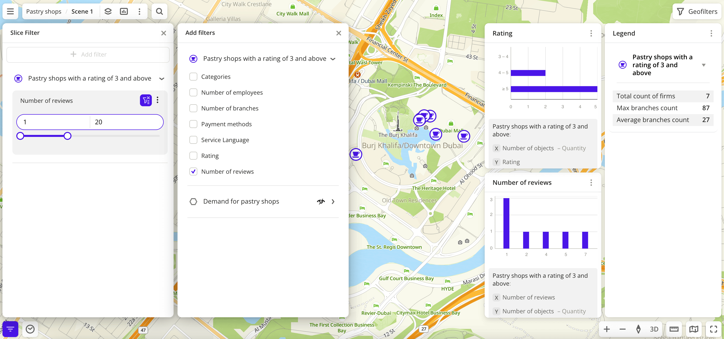 Slicer by the number of reviews is applied
