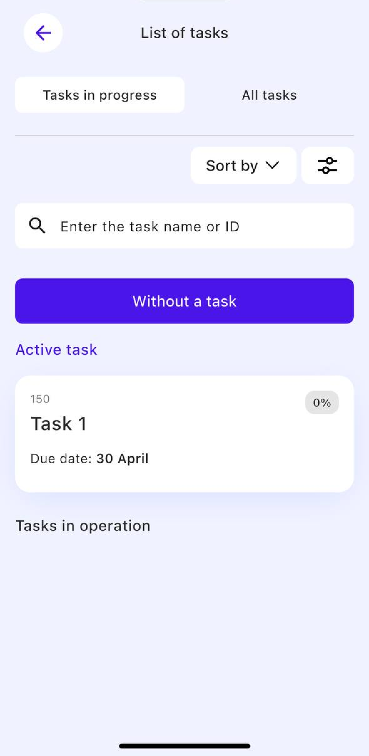 Card of an active task